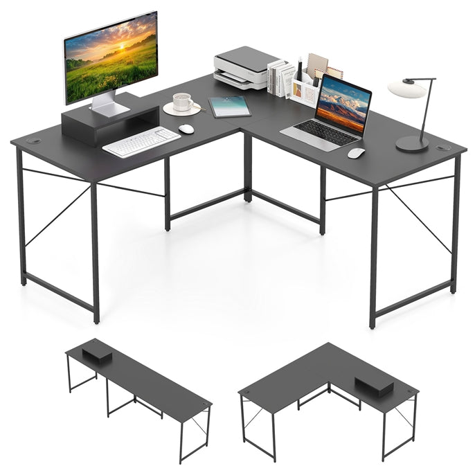 Reversible L-Shaped Desk with Built-in Power Strip and Removable Host Stand