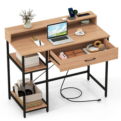 120cm Computer Desk, Industrial Laptop Writing Desk with Monitor Stand, Drawers & Storage Shelves