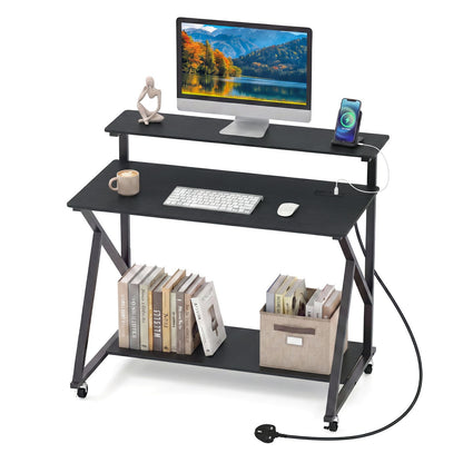 Mobile Computer Desk with Power Outlets Monitor Stand and Storage Shelf