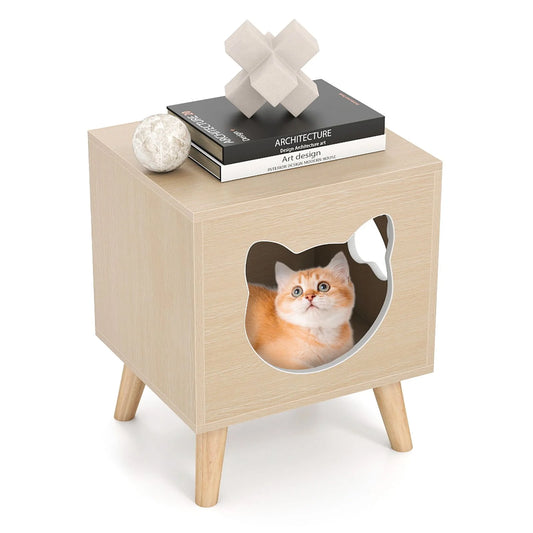 Cat Litter Box Enclosure with Rubber Wood Legs and Detachable Top