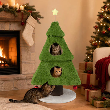 Christmas Cat Tree with Scratching Post and Dangling Balls