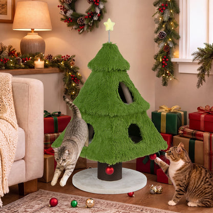 Christmas Cat Tree with Scratching Post and Dangling Balls