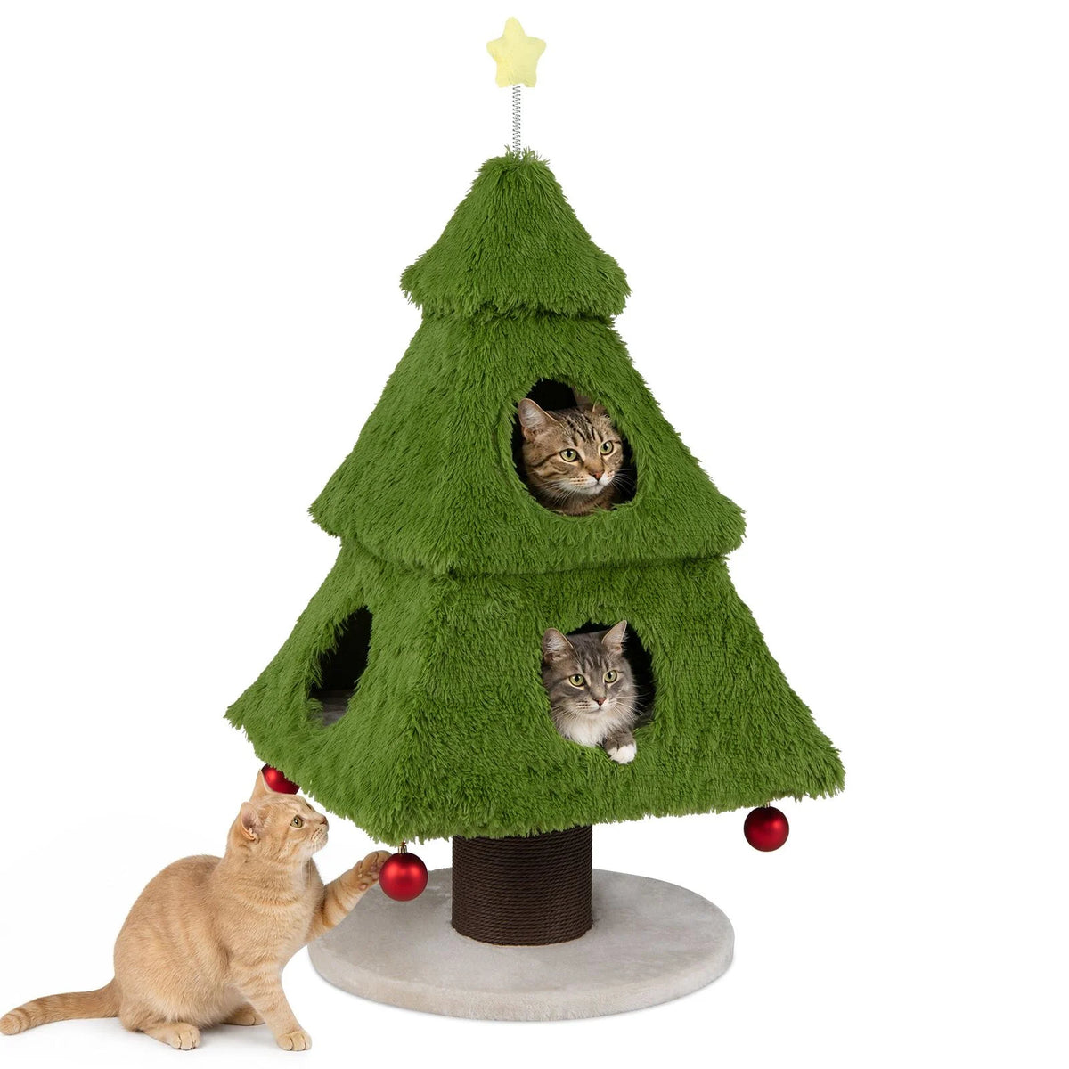 Christmas Cat Tree with Scratching Post and Dangling Balls