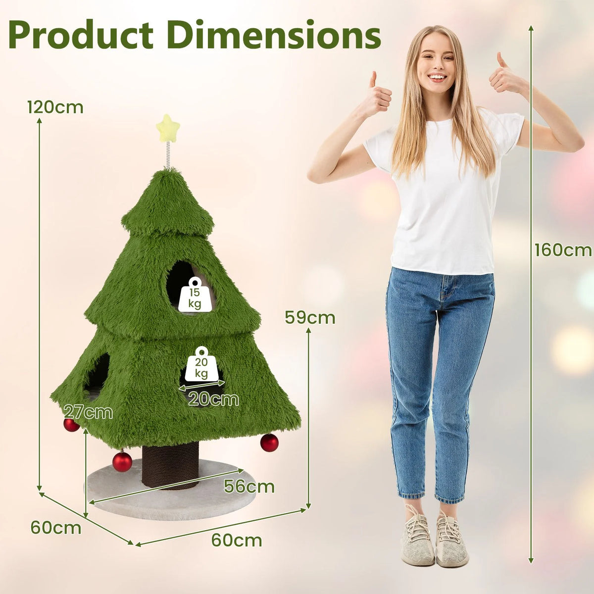 Christmas Cat Tree with Scratching Post and Dangling Balls