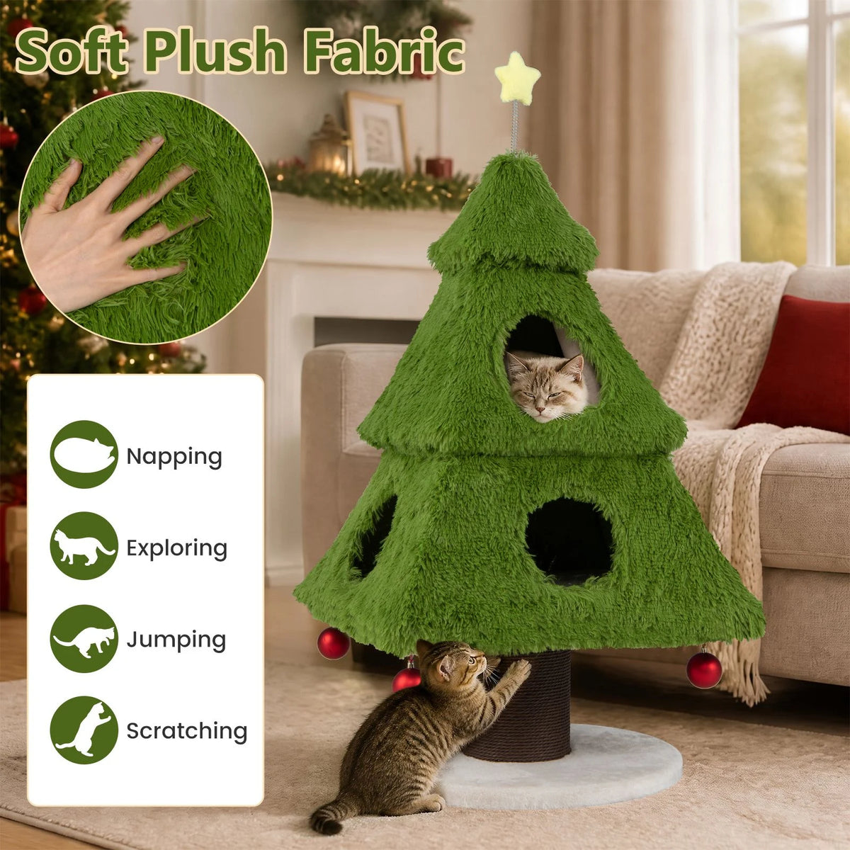 Christmas Cat Tree with Scratching Post and Dangling Balls
