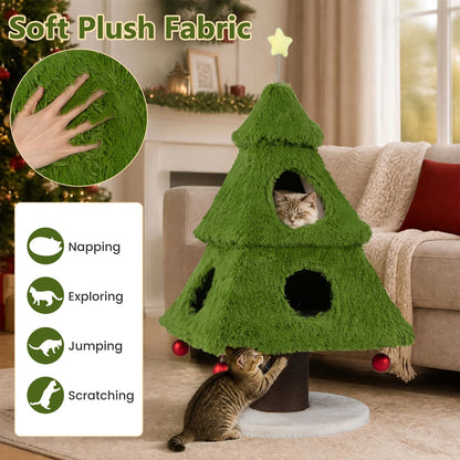 Christmas Cat Tree with Scratching Post and Dangling Balls