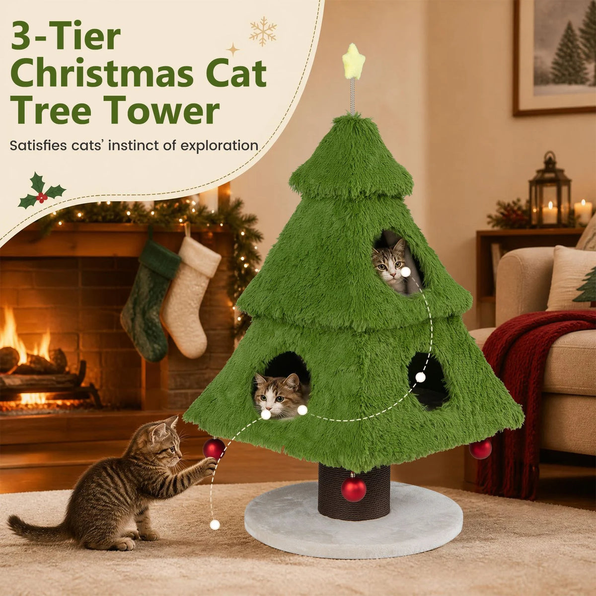 Christmas Cat Tree with Scratching Post and Dangling Balls