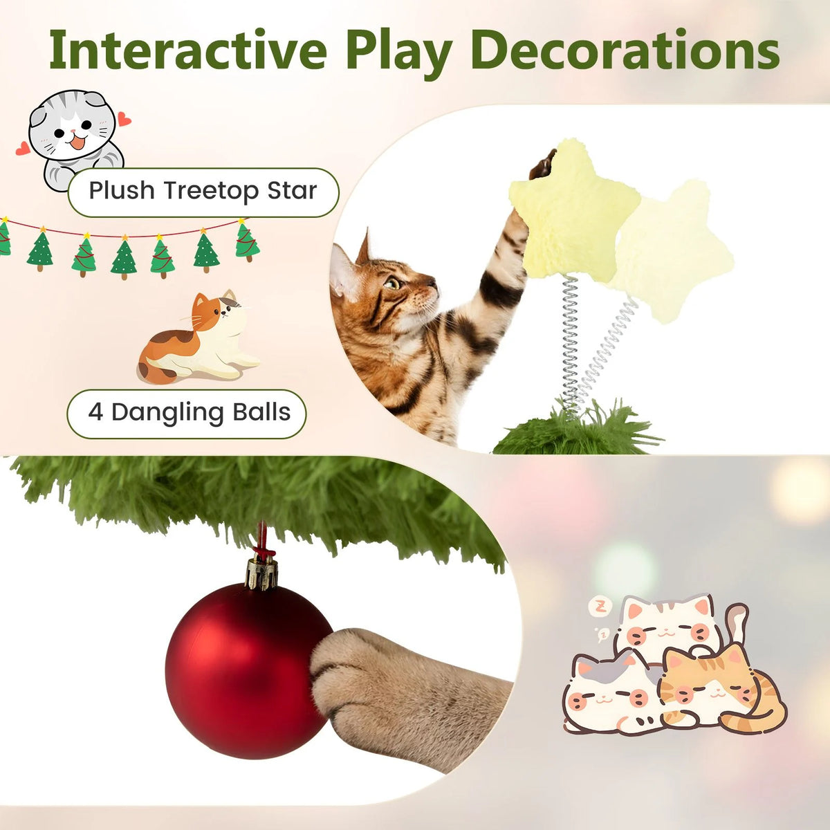 Christmas Cat Tree with Scratching Post and Dangling Balls