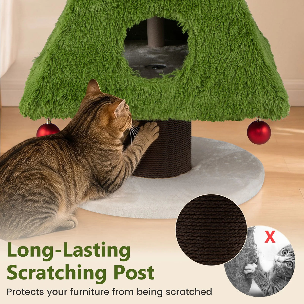 Christmas Cat Tree with Scratching Post and Dangling Balls