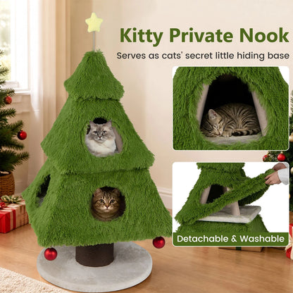 Christmas Cat Tree with Scratching Post and Dangling Balls