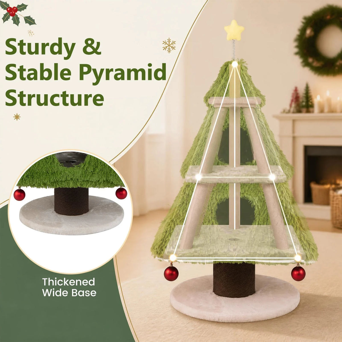 Christmas Cat Tree with Scratching Post and Dangling Balls