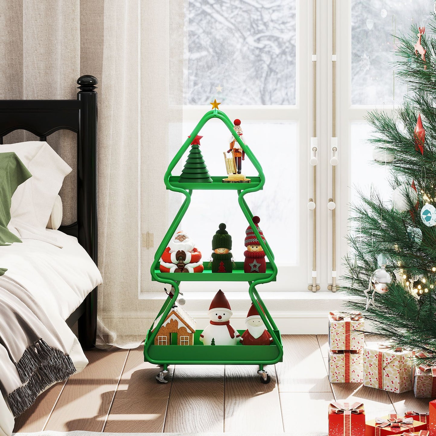 Christmas Tree Storage Cart 3-Tier Rolling Xmas Cart with Topper Star