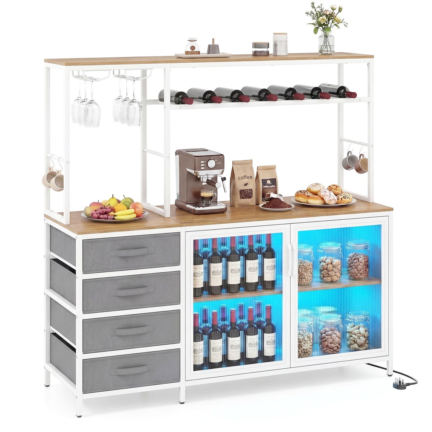 Buffet Sideboard with RGB LED Lights & Power Outlets, Wooden Storage Cabinet