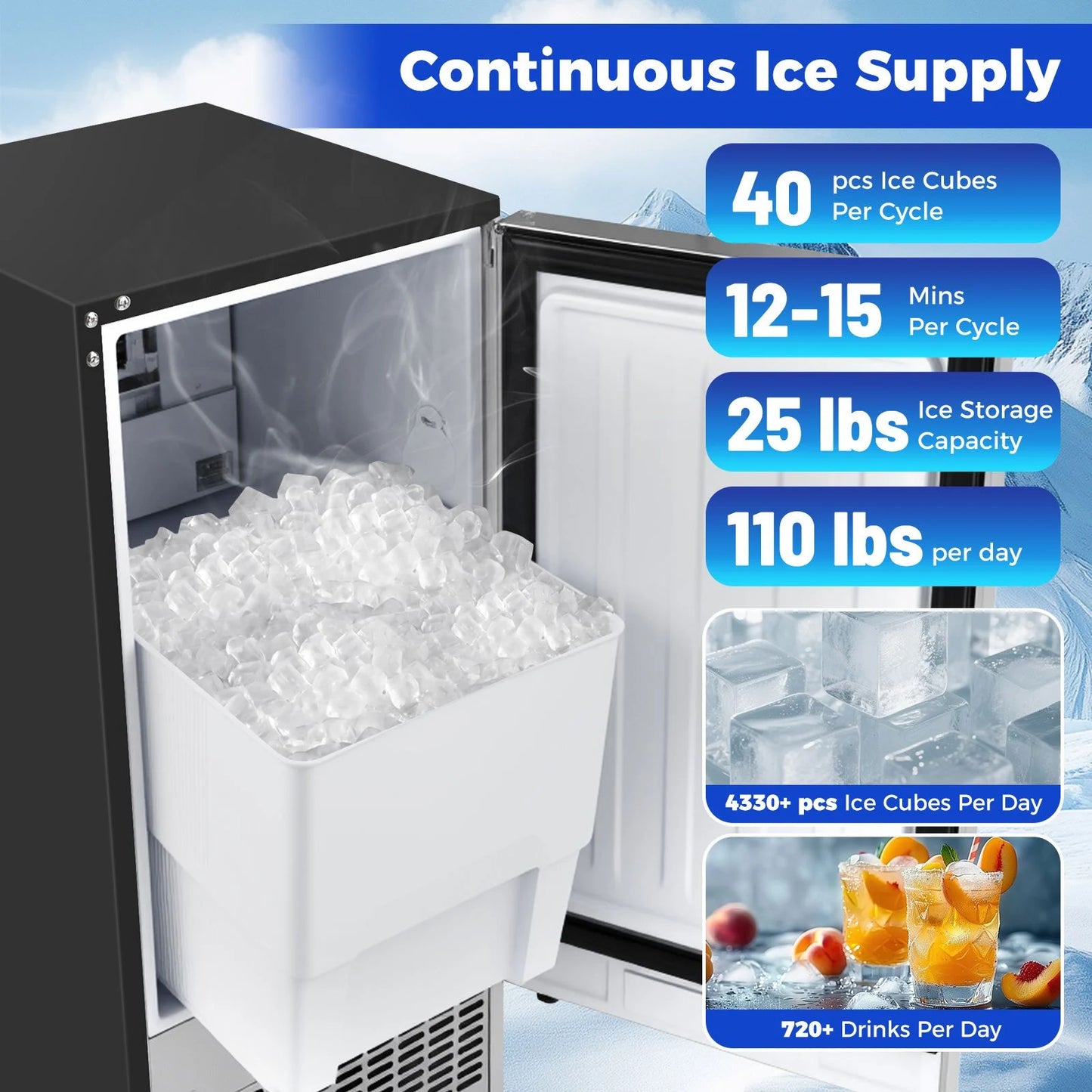 Commercial Ice Maker 50KG/24H with 11KG Storage and Self-cleaning for Home Bar