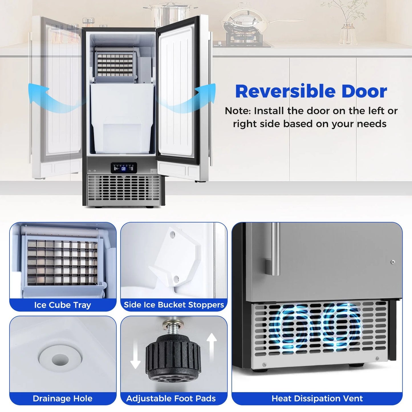 Commercial Ice Maker 50KG/24H with 11KG Storage and Self-cleaning for Home Bar