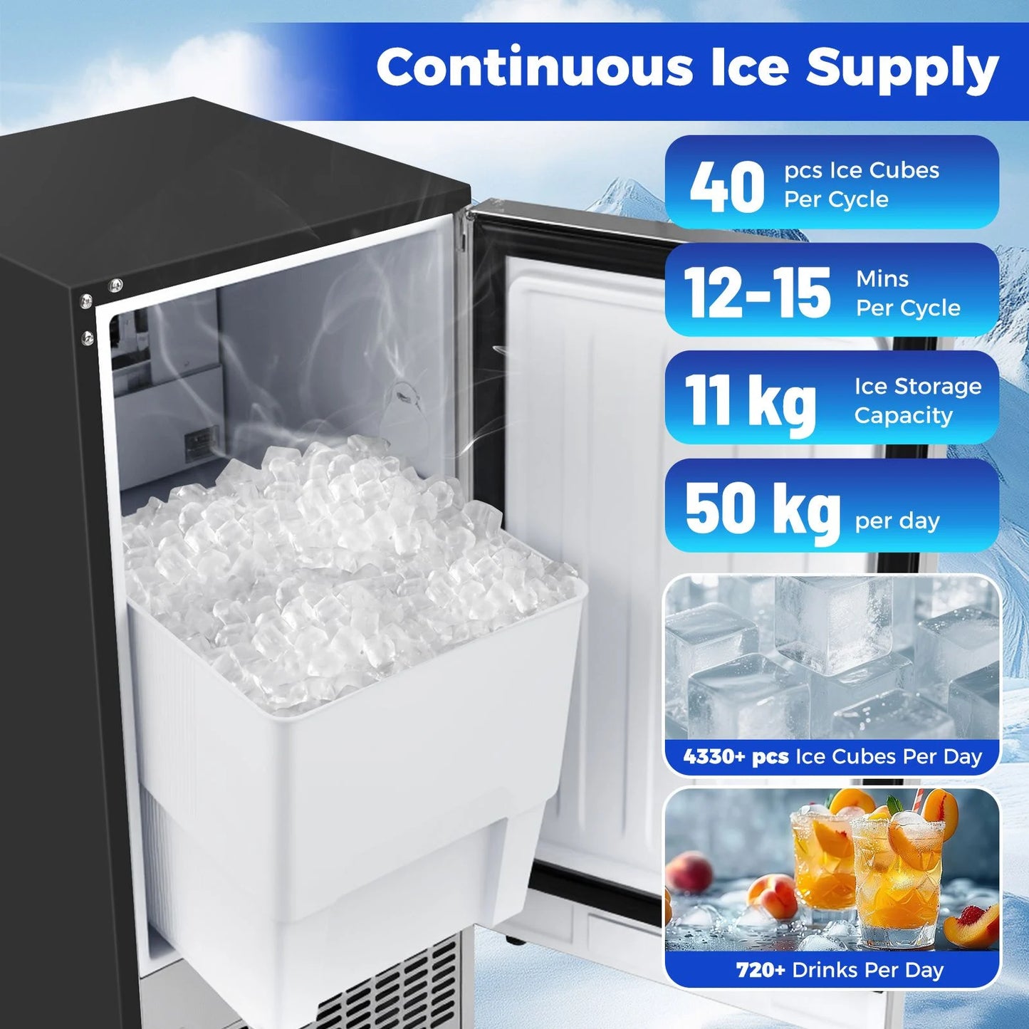 Commercial Ice Maker 50KG/24H with 11KG Storage and Self-cleaning for Home Bar