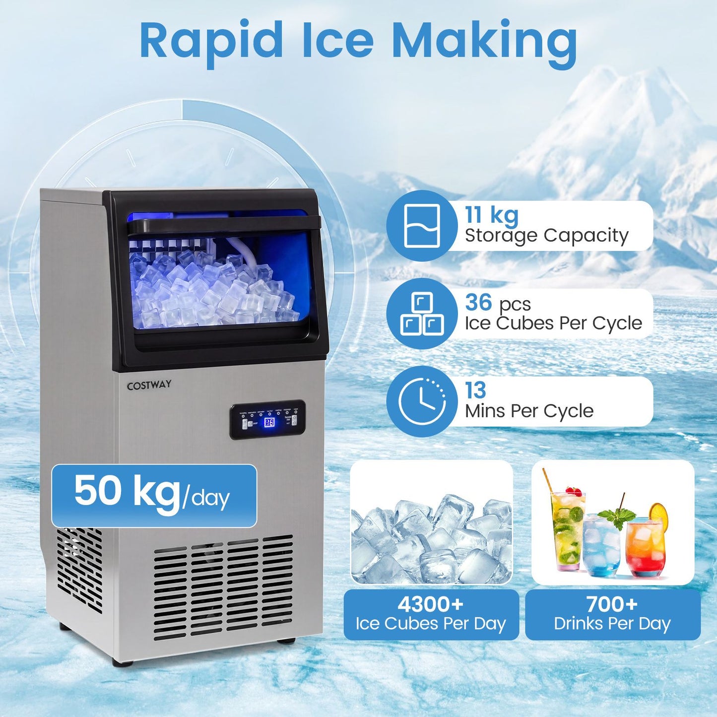 Commercial Ice Maker 50kg/24H with 11kg Storage and Filter Self-Cleaning