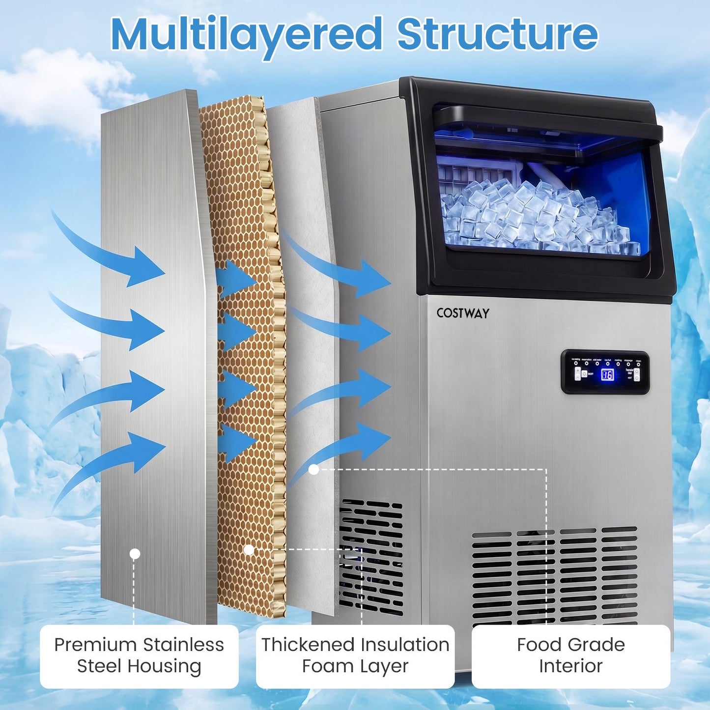 Commercial Ice Maker 50kg/24H with 11kg Storage and Filter Self-Cleaning
