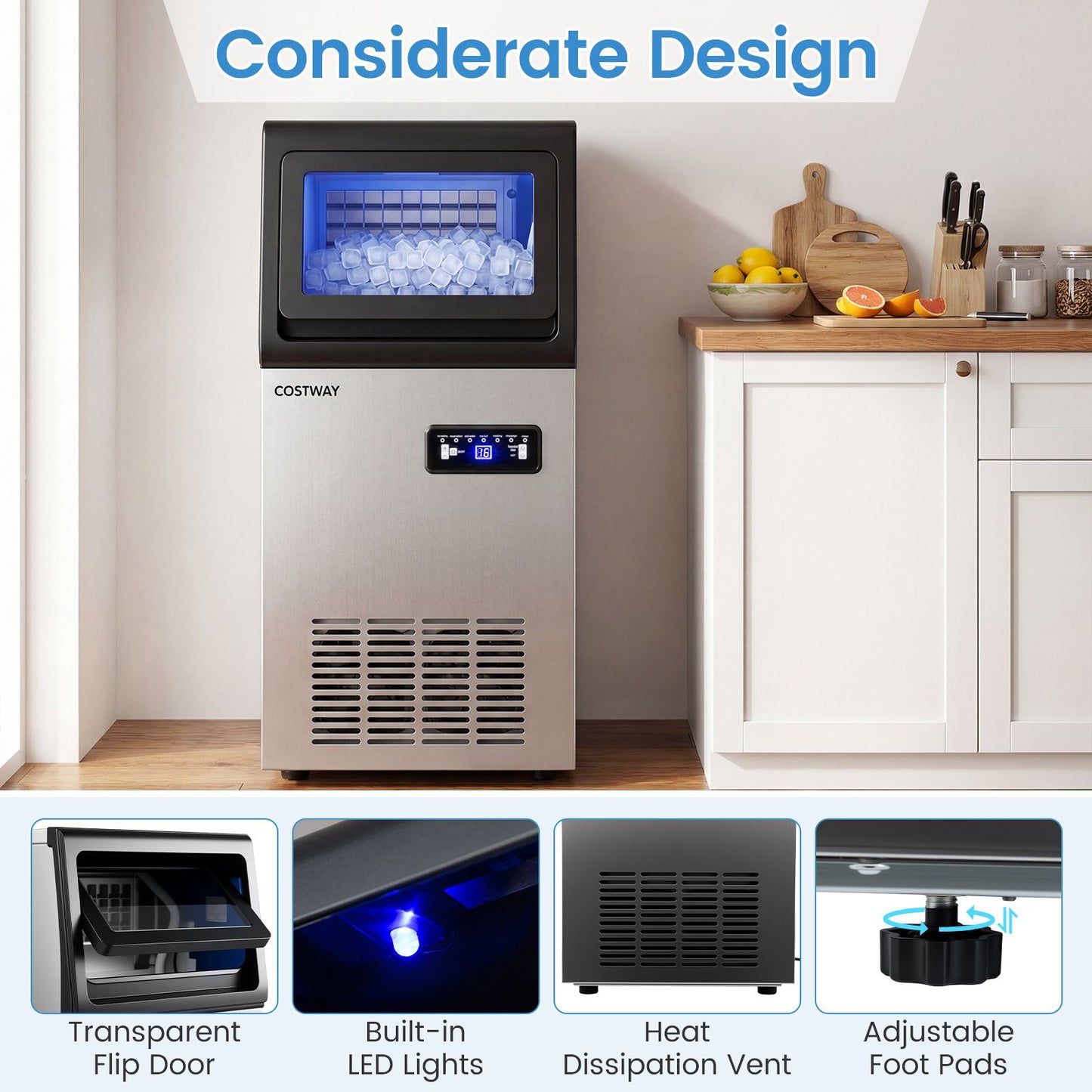 Commercial Ice Maker 50kg/24H with 11kg Storage and Filter Self-Cleaning