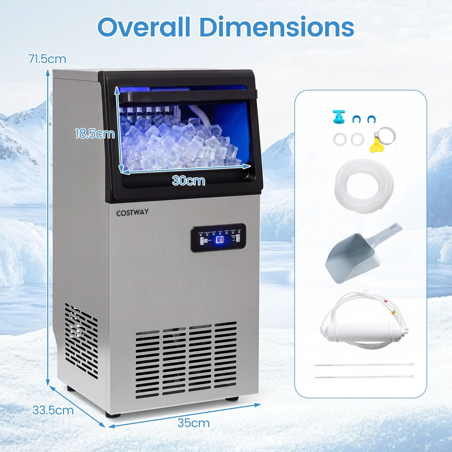 Commercial Ice Maker 50kg/24H with 11kg Storage and Filter Self-Cleaning