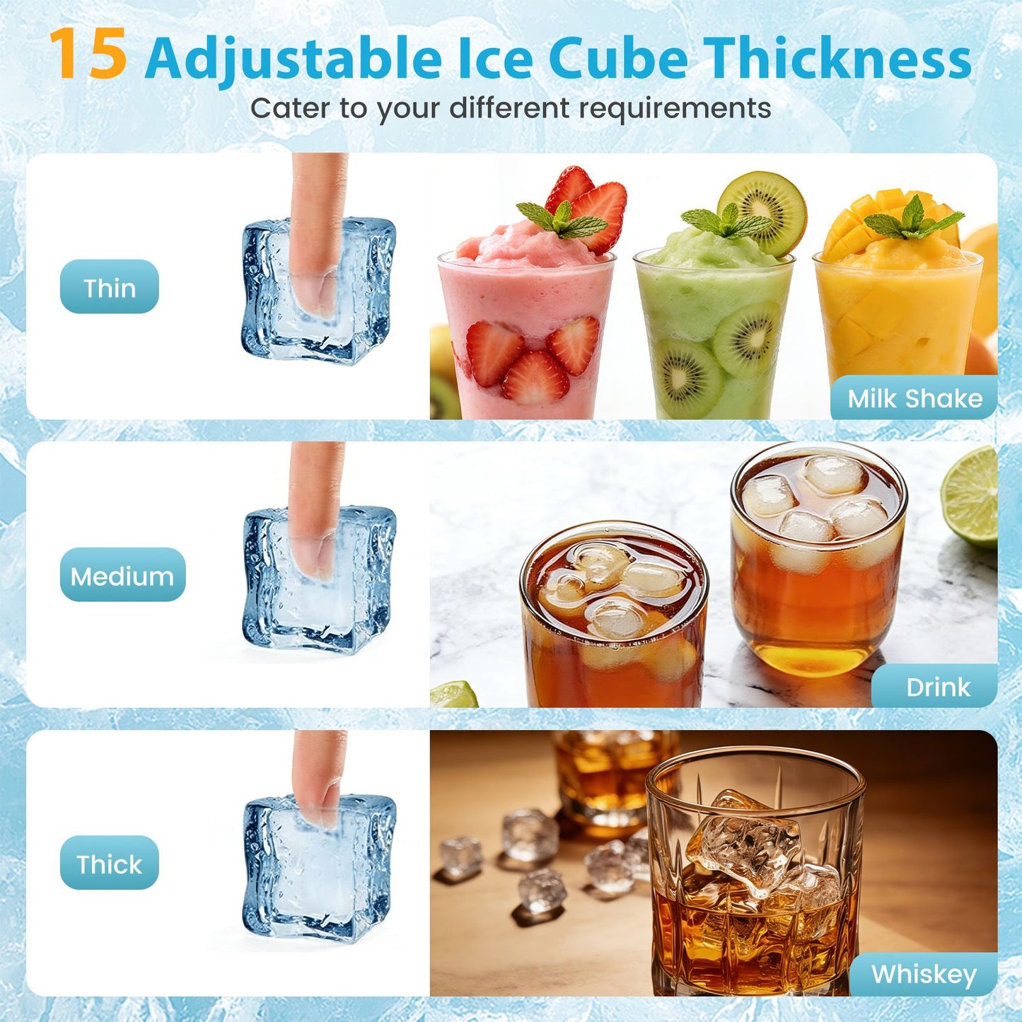 Commercial Ice Maker with 16 kg Storage Capacity and Adjustable Ice Cube Thickness