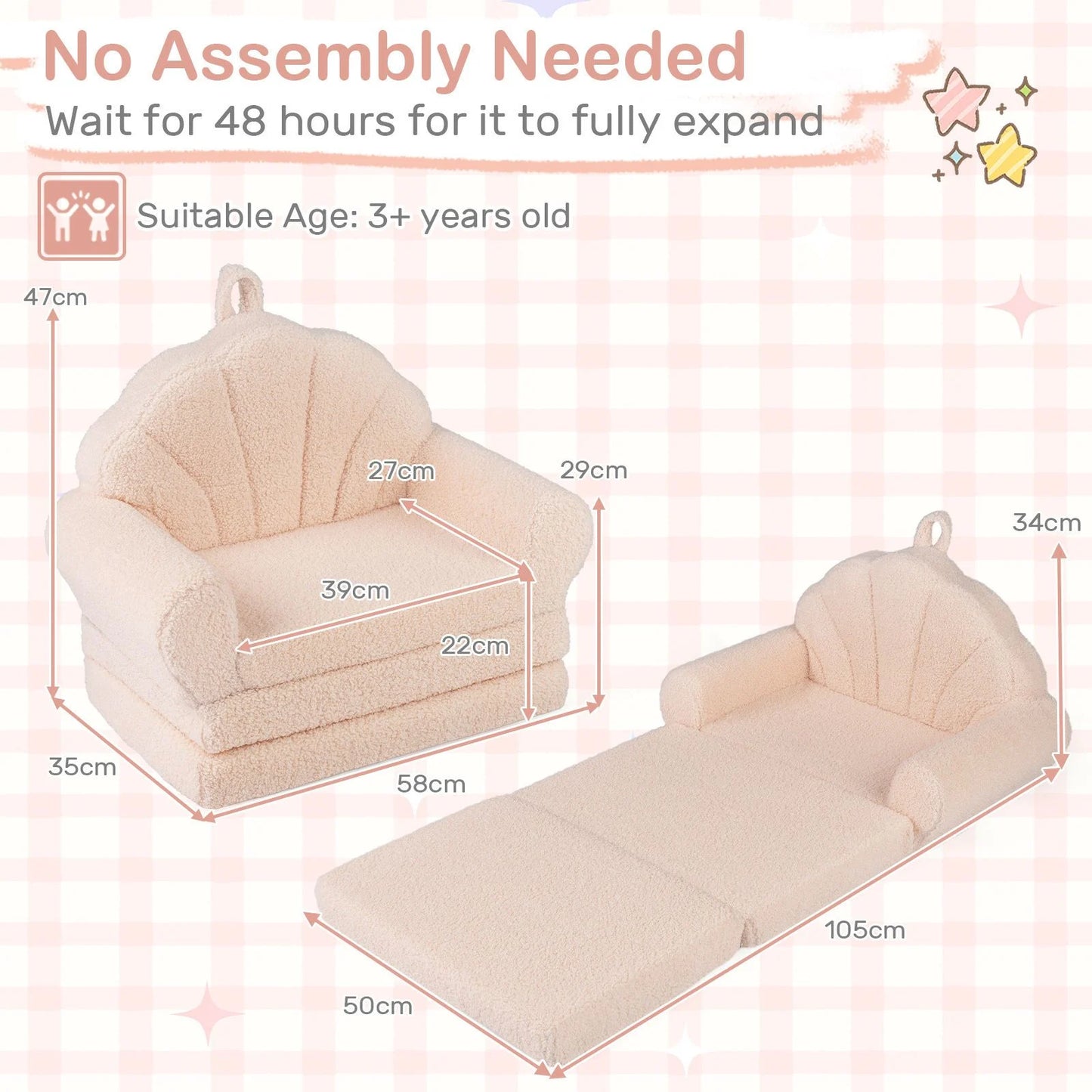 Convertible Kids Sofa 2-in-1 Fold out Toddler Couch Chair to Lounger Bed