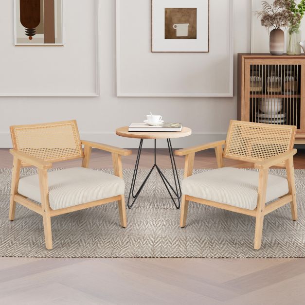 Corduroy Accent Chair with Upholstered Seat and Rattan Back