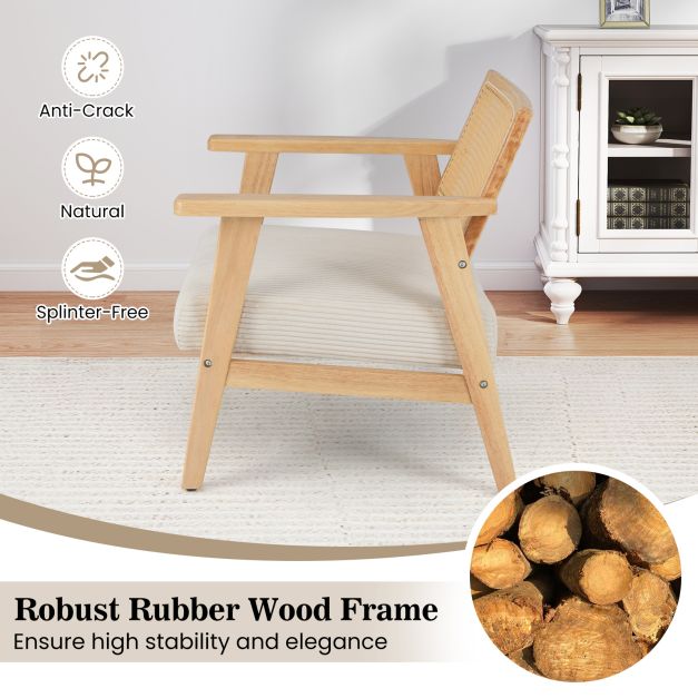 Corduroy Accent Chair with Upholstered Seat and Rattan Back