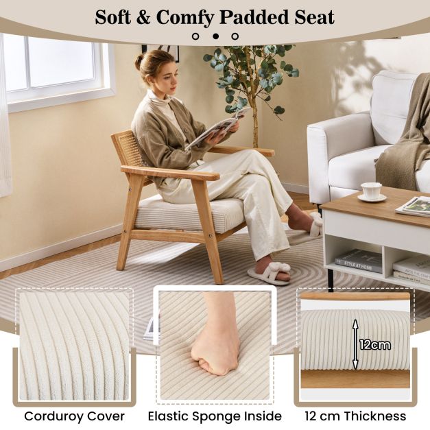 Corduroy Accent Chair with Upholstered Seat and Rattan Back