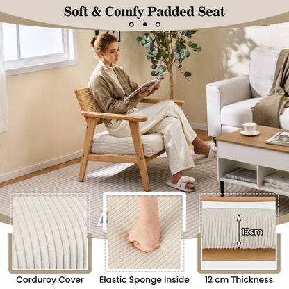 Corduroy Accent Chair with Upholstered Seat and Rattan Back