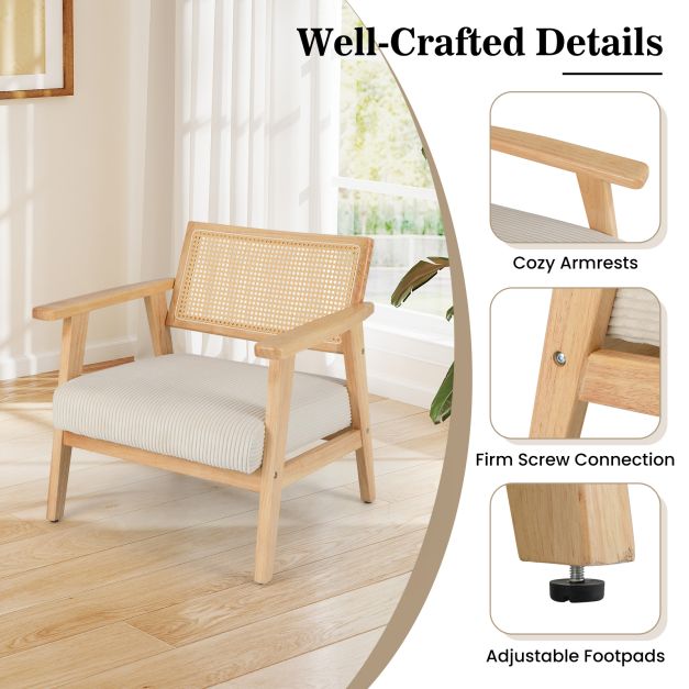 Corduroy Accent Chair with Upholstered Seat and Rattan Back
