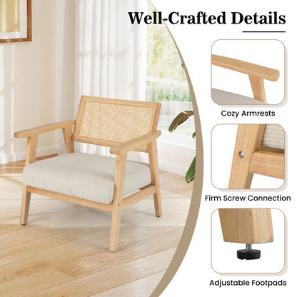 Corduroy Accent Chair with Upholstered Seat and Rattan Back
