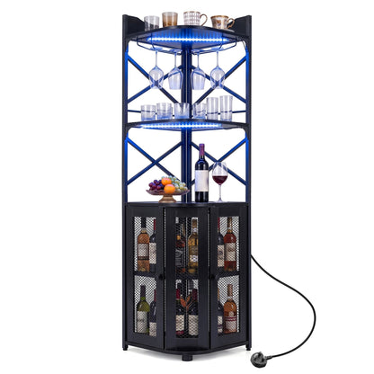 Corner Bar Cabinet with LED Lights Power Outlet and Glass Holder Storage Shelves