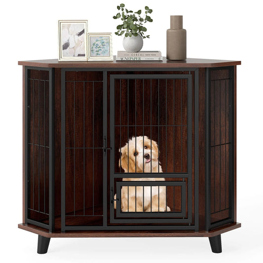 Corner Dog Crate Metal Frame Dog Cage with Feeding Door and Lockable Door