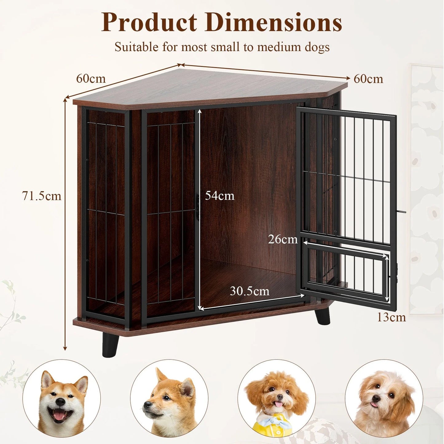 Corner Dog Crate Metal Frame Dog Cage with Feeding Door and Lockable Door