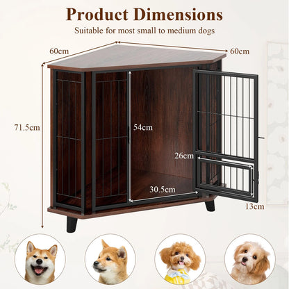 Corner Dog Crate Metal Frame Dog Cage with Feeding Door and Lockable Door