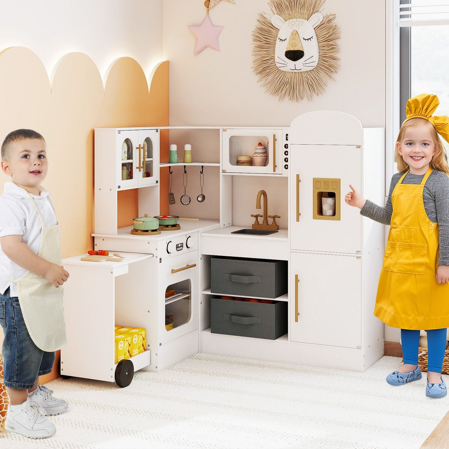 Corner Kitchen Playset Kids Pretend Play Kitchen with Pull-out Cart Fabric Bins
