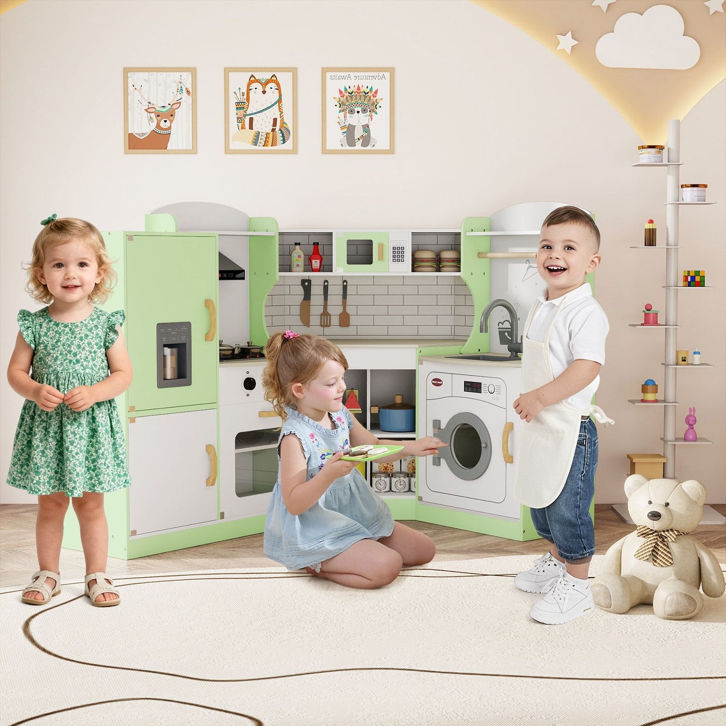 Wooden Corner Play Kitchen with Sounds and Lights