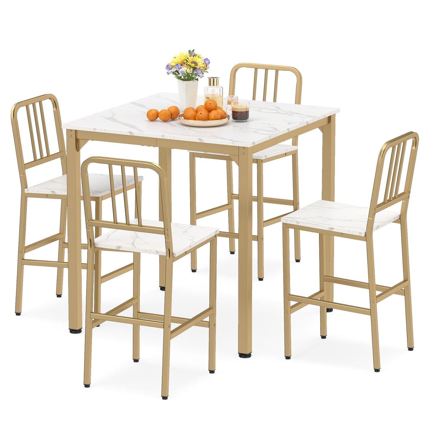 Counter Height Dining Table Set for 4 Kitchen Bar Table and Chairs Set with Faux Marble Surface