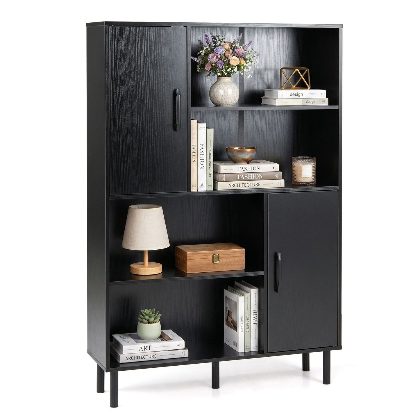 Wooden Bookcase, 4 Cube Storage Cabinet with 2 Doors