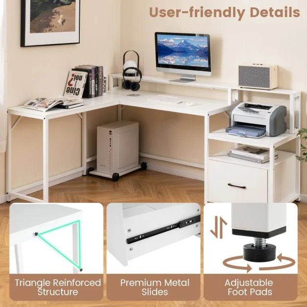 L-shaped Desk with Power Outlet and File Drawer