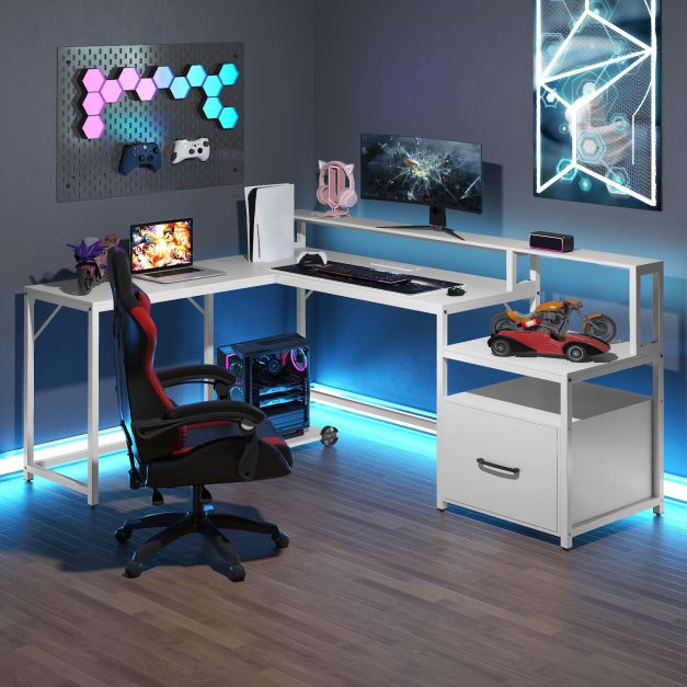 L-shaped Desk with Power Outlet and File Drawer