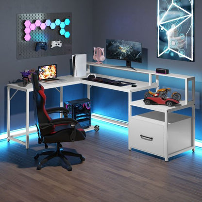 L-shaped Desk with Power Outlet and File Drawer