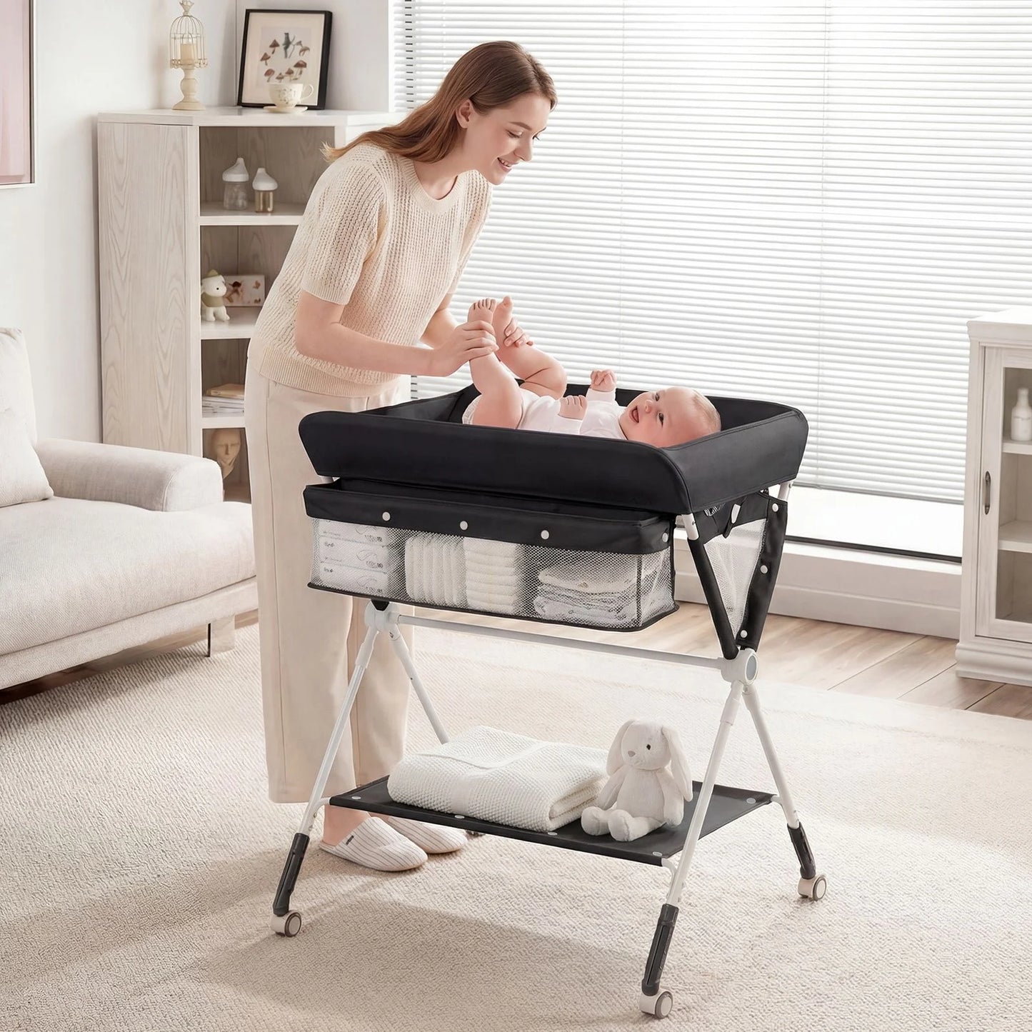 Diaper Changing Station with 3 Position Adjustable Level and 4 Universal Wheels