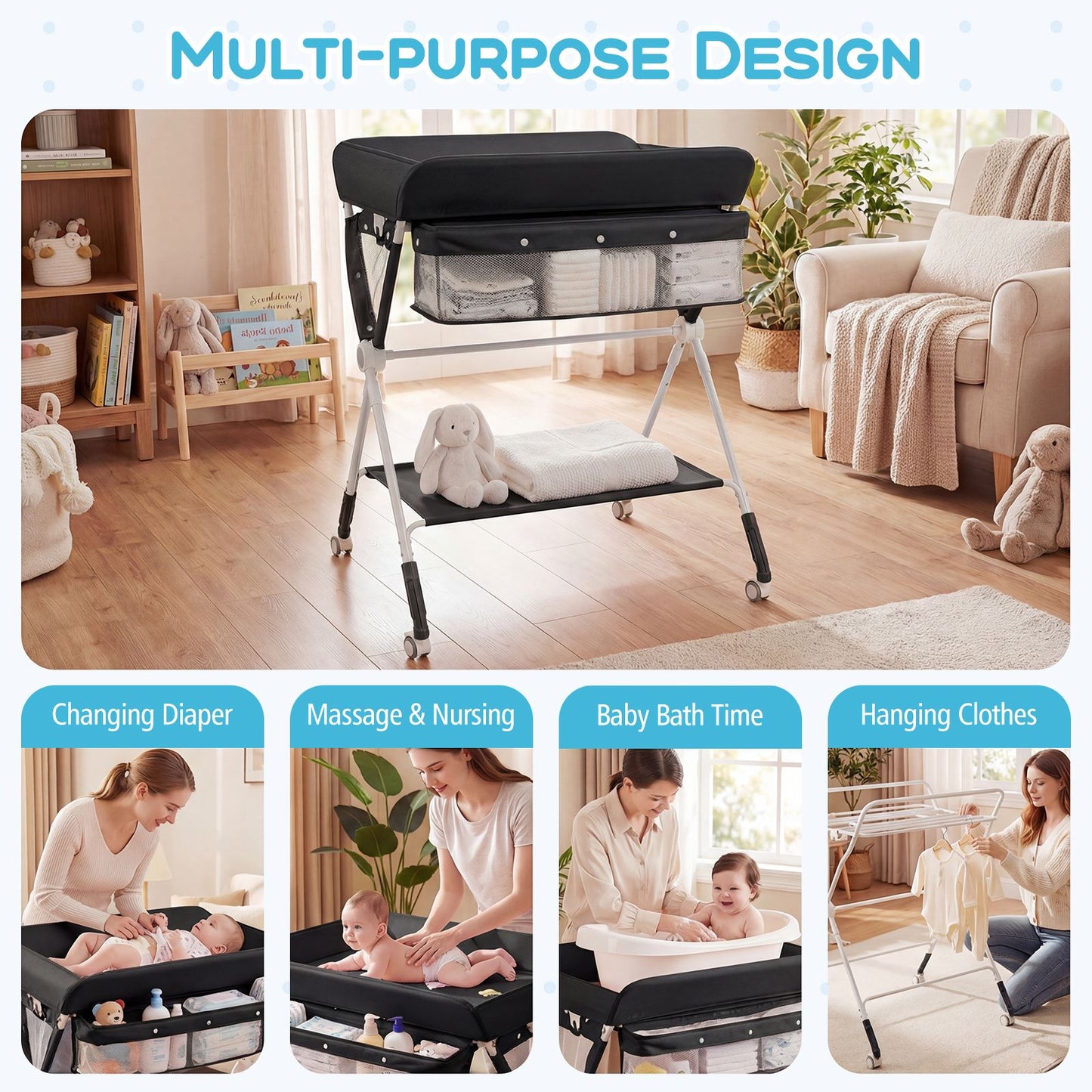 Diaper Changing Station with 3 Position Adjustable Level and 4 Universal Wheels