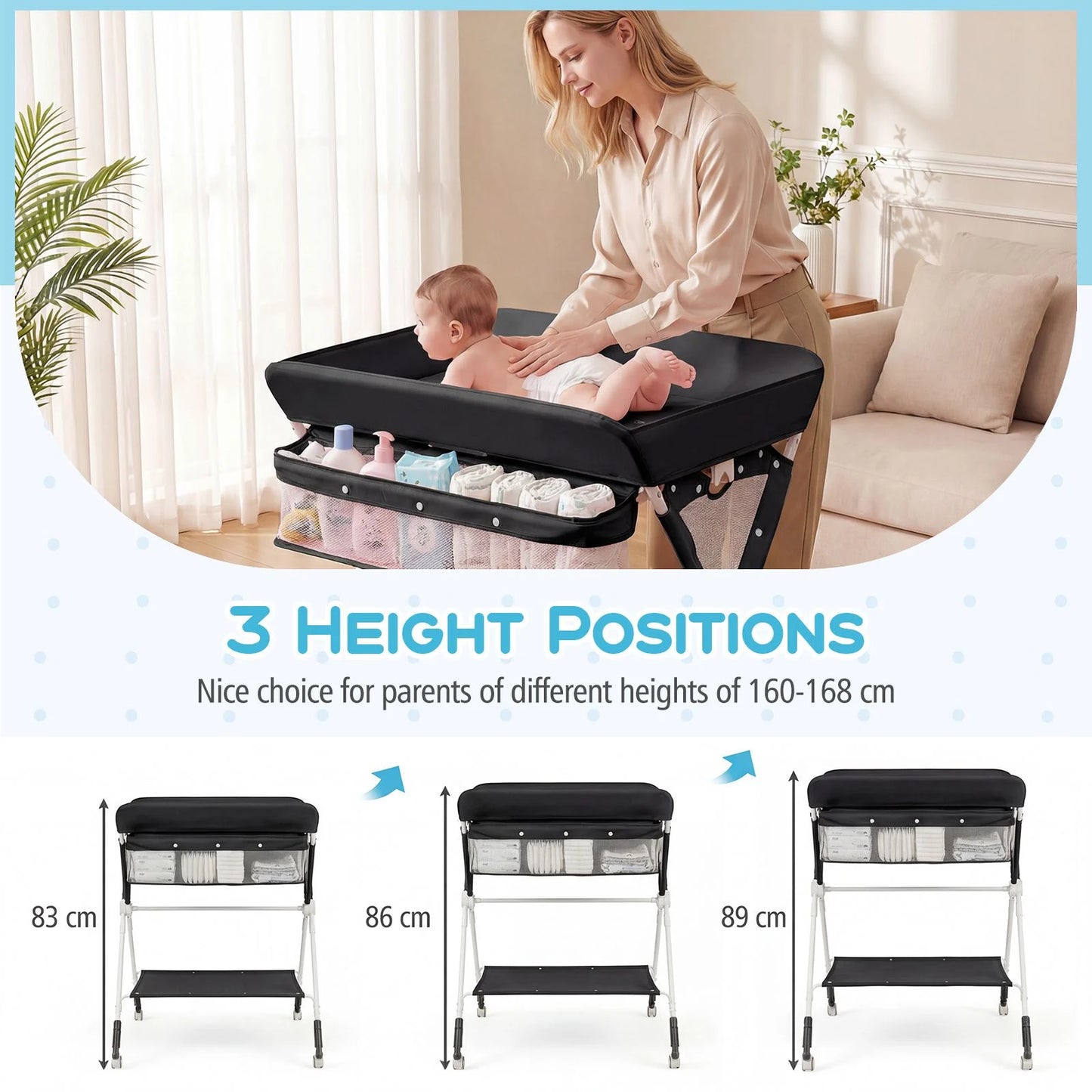 Diaper Changing Station with 3 Position Adjustable Level and 4 Universal Wheels