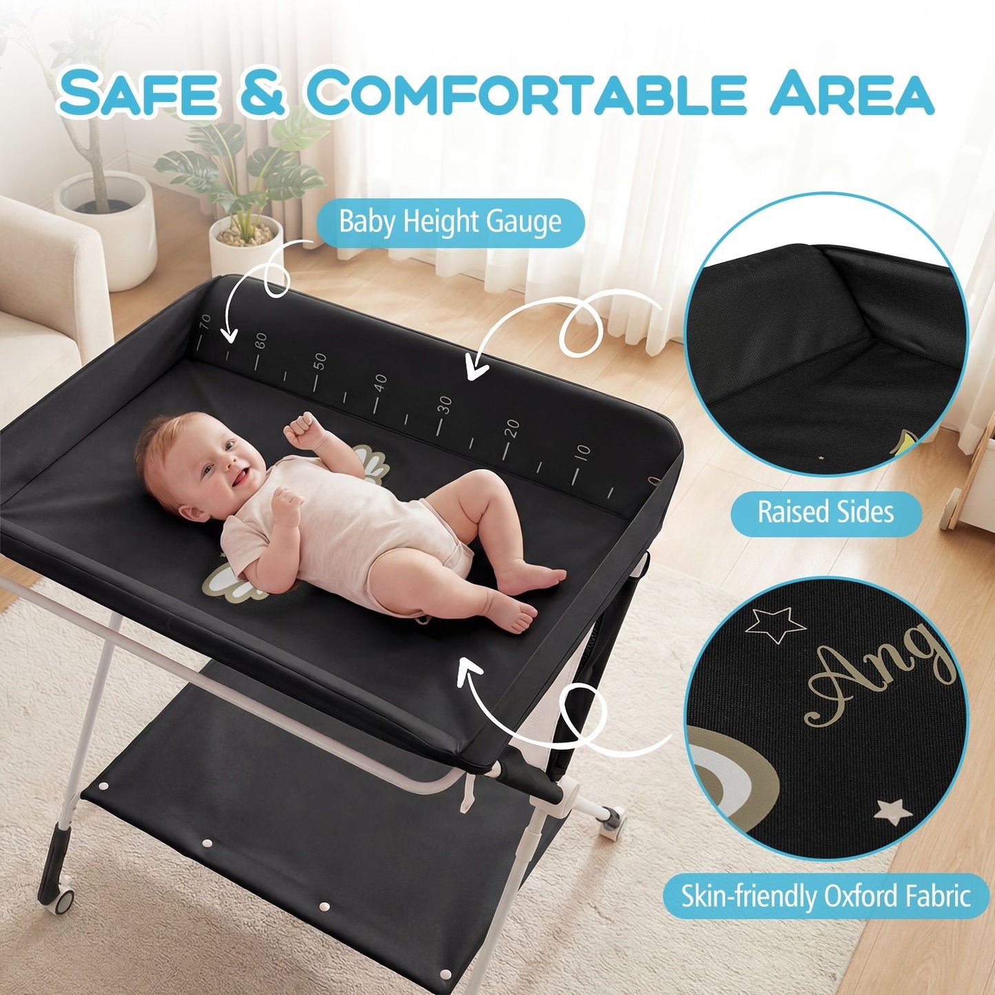 Diaper Changing Station with 3 Position Adjustable Level and 4 Universal Wheels