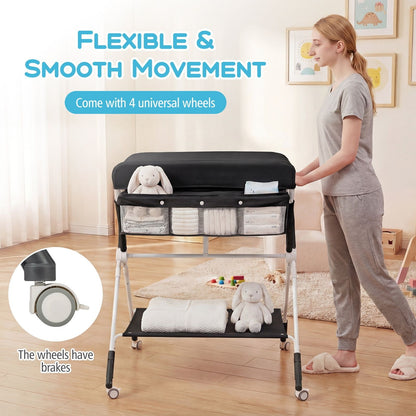 Diaper Changing Station with 3 Position Adjustable Level and 4 Universal Wheels