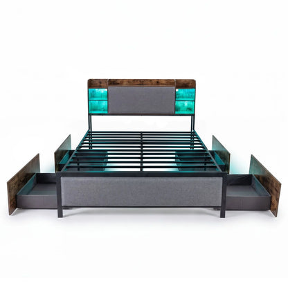 Double/King Size Bed Frame with LED Lights, Charging Station, Storage Headboard
