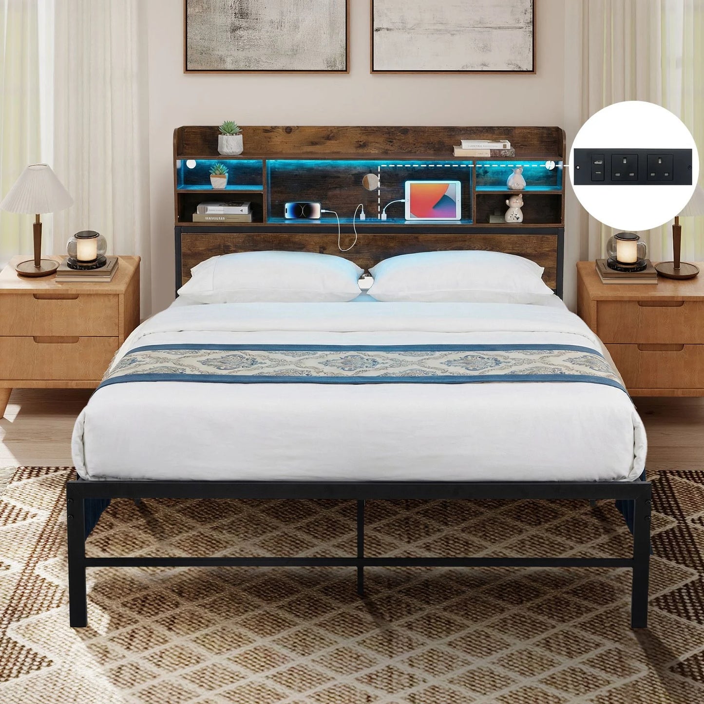 Double/King Size Bed Frame with LED Lights and Charging Station